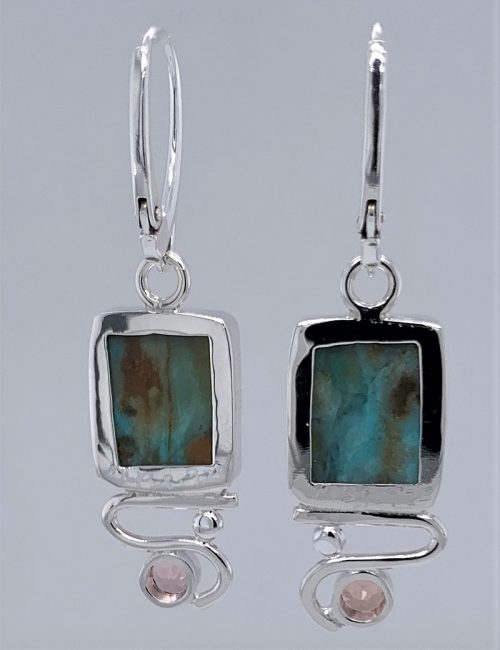 Fossil Opal Wood and Zircon Silver Earrings