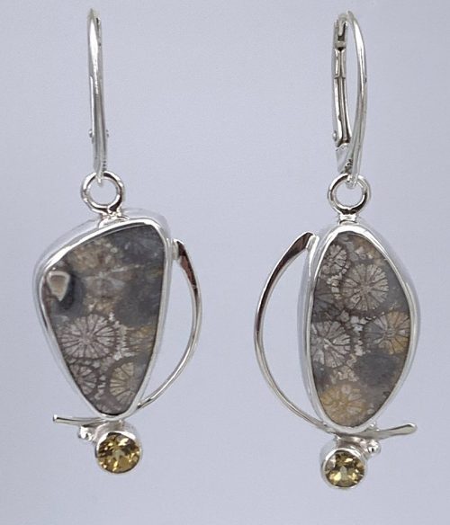 Fossil Coral and Chrysaberyl Silver Earrings