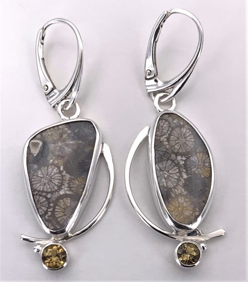 Fossil Coral and Chrysaberyl Silver Earrings