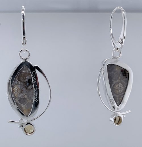 Fossil Coral and Chrysaberyl Silver Earrings