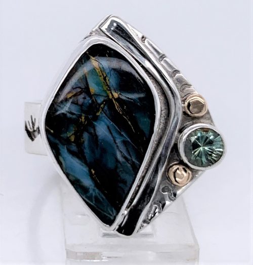 Fossil Opal Wood and Sapphire Silver/Gold Ring