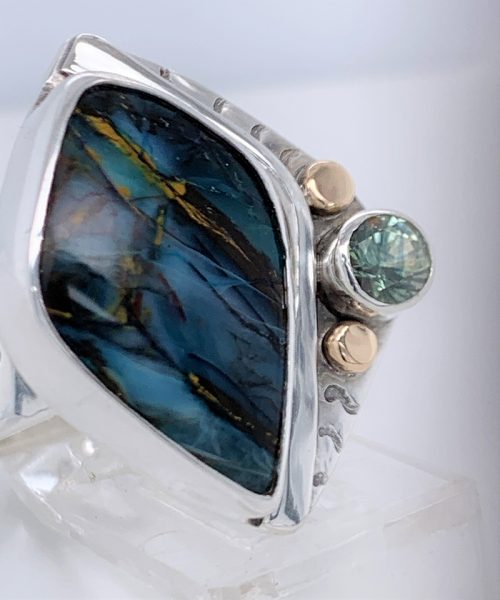 Fossil Opal Wood and Sapphire Silver/Gold Ring