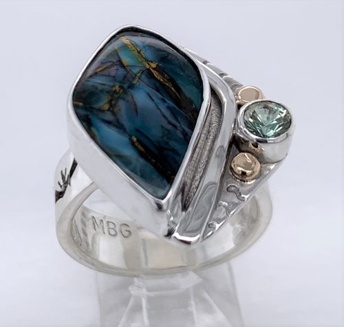 Fossil Opal Wood and Sapphire Silver/Gold Ring