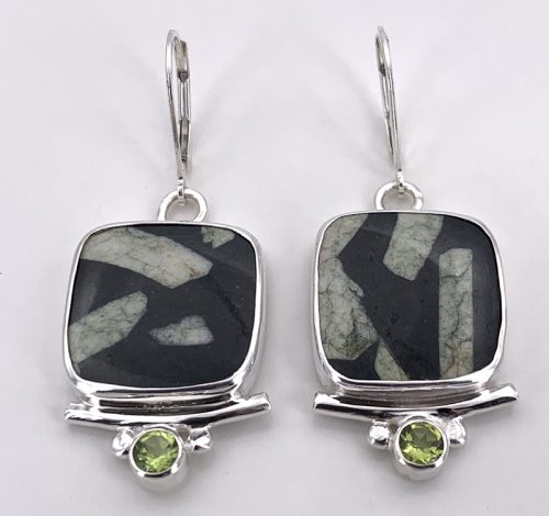 Chinese Writing Rock and Peridot Silver Earrings