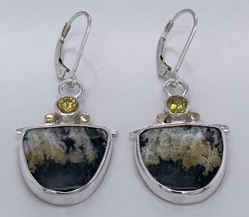 Plume Agate/Black Jade and Sphene Silver Earrings