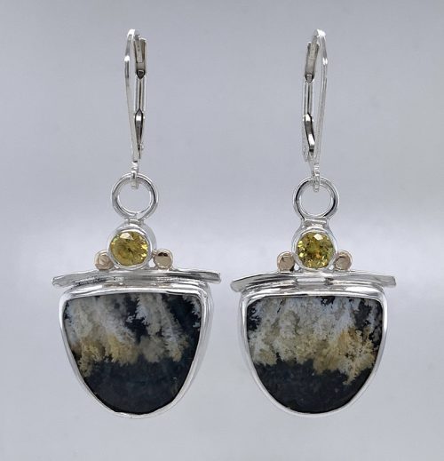 Plume Agate/Black Jade and Sphene Silver Earrings