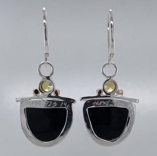 Plume Agate/Black Jade and Sphene Silver Earrings