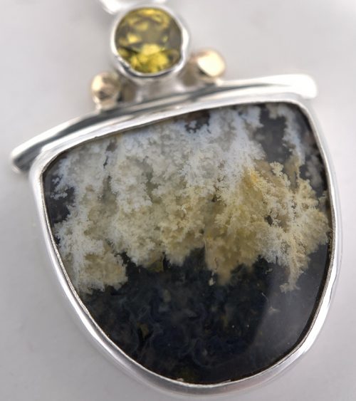 Plume Agate/Black Jade and Sphene Silver Earrings