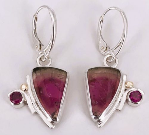 Pink Bi-Color Tourmaline and Rhodolite Garnets Silver/Gold Earrings ...