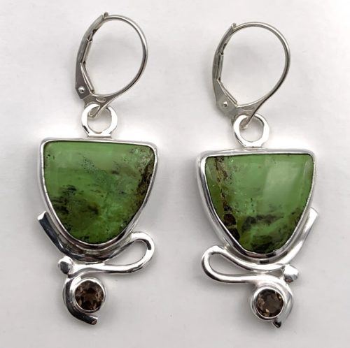 Gaspeite and Smoky Quartz Silver Earrings