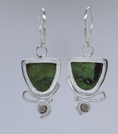 Gaspeite and Smoky Quartz Silver Earrings