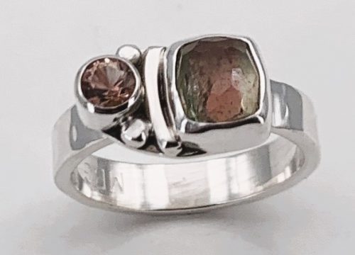Bicolor Tourmaline and Oregon Sunstone Silver Ring