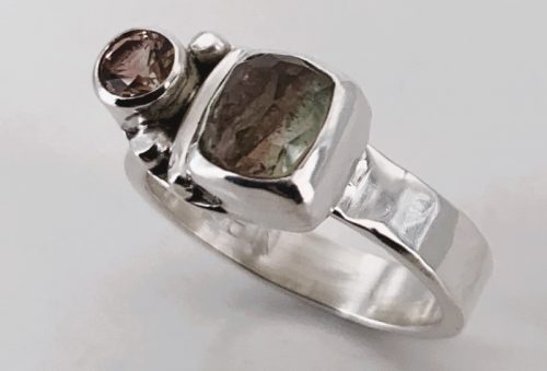 Bicolor Tourmaline and Oregon Sunstone Silver Ring