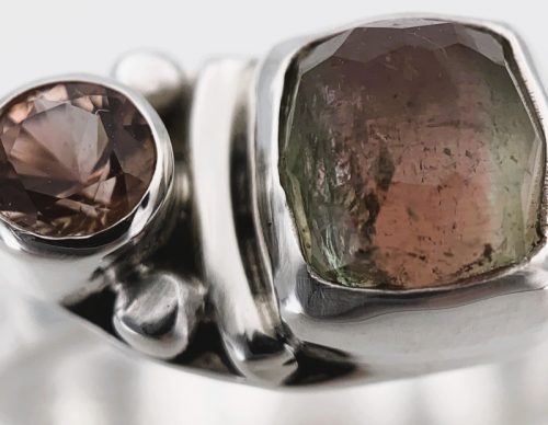 Bicolor Tourmaline and Oregon Sunstone Silver Ring