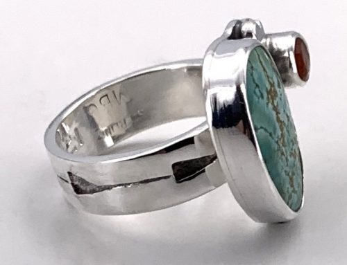 Kingman Turquoise and Mexican Fire Opal Silver Ring