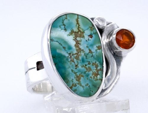 Kingman Turquoise and Mexican Fire Opal Silver Ring